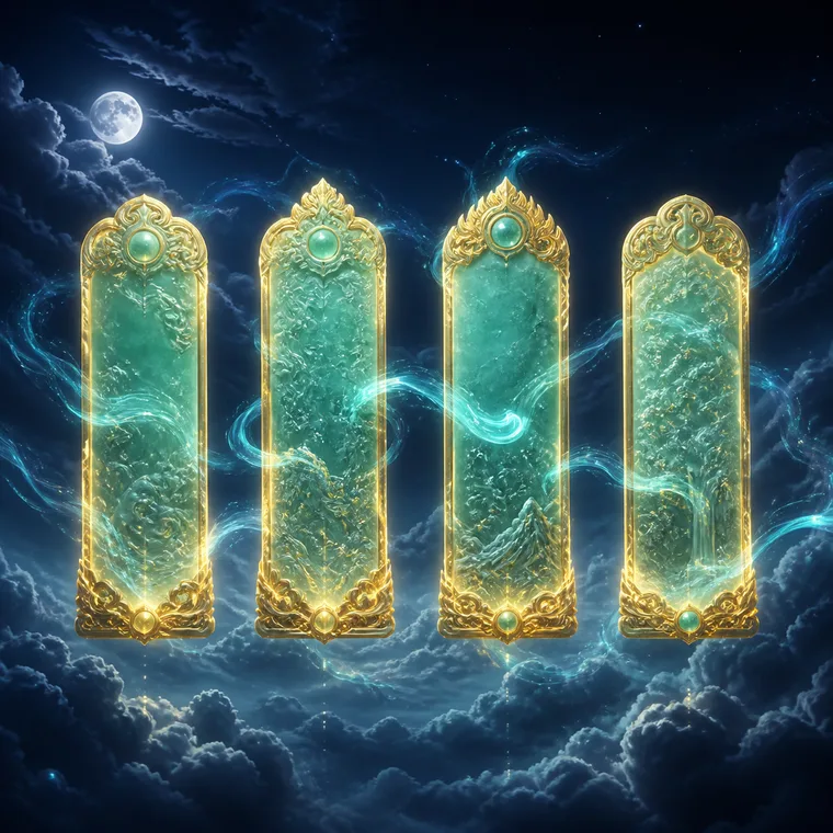 Four glowing jade tablets floating over night clouds